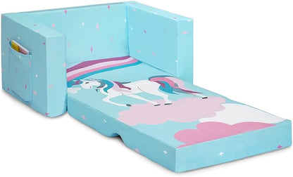 Delta Children Cozee 2-in-1 Convertible Sofa to Lounger For Bedroom - Lightweight,Portable Comfy Flip Open Couch/Sleeper for Kids, Blue Unicorn