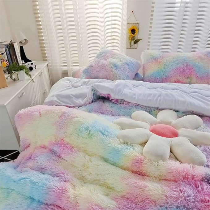 Faux Fur Kids Girls Rainbow Comforter Sets Queen - 3PC Bed Set Warm Comfortable Soft Plush Flannel Velvet Fluffy Fuzzy Bedding（Comforter x 1 Pillowcases x 2）