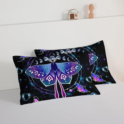 HOSIMA Butterfly Comforter Set with 2 Pillowcases,Moon Starry Sky Galaxy Comforter Butterfly Room Decor Aesthetics,Blue Heart -Shaped Bubble King Size Comforter Set for Adults Kids Black Comforter.