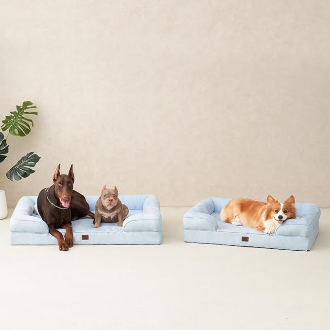 EHEYCIGA Orthopedic Dog Bed for Large Dogs, Waterproof Memory Foam with Sides, Non-Slip Bottom and Egg-Crate Foam Couch Bed with Washable Removable Cover, Light Blue