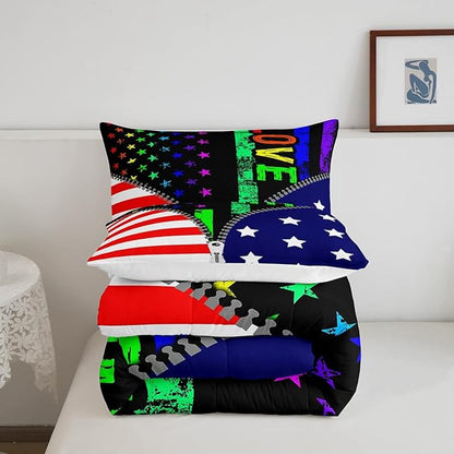 Erosebridal American Flag Comforter Set Rainbow Pride Down Comforter King Size for Teens Adult Women Bedroom,USA Federations Stars Stripes Bedding Set Kids Unique Zipper Design Duvet Sets, Colorful