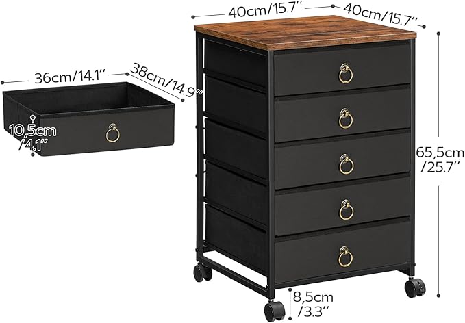 HOOBRO 5-Drawer Chest, File Cabinet, Office Cabinet with Drawers, Rolling Printer Stand, Filing Cabinet for Living Room, Home Office, Nonwovens Drawer, Easy Assembly, Black BFK50WJ01