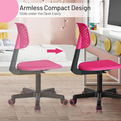 Desk Chair Armless Cute Office Chair, Low Back Rolling Home Office Task Chair Adjustable Swivel Study Chair for Girls Teens Adults Children Kids, Pink