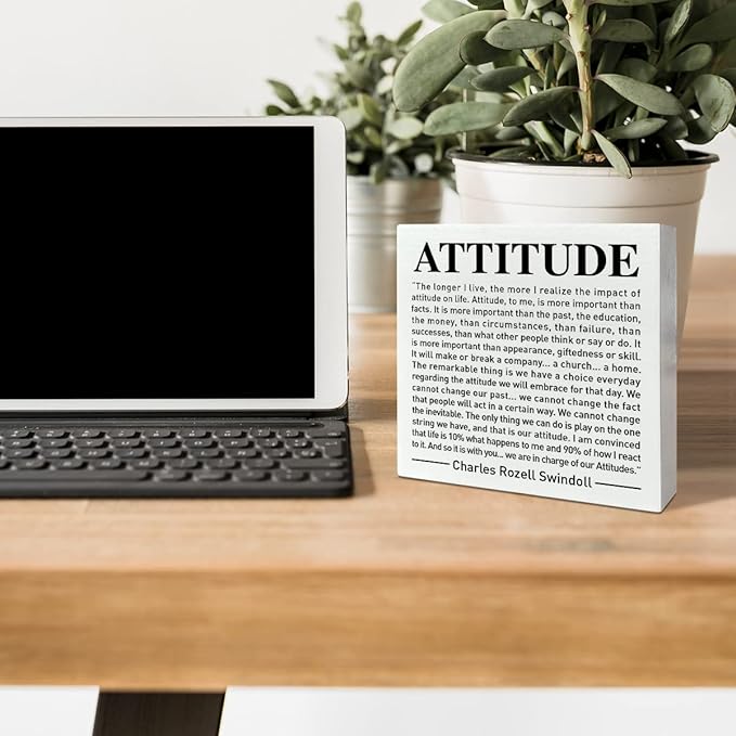 Home Office Desk Wooden Box Sign Decor, We Are in Charge of Our Attitudes, Inspirational Book Quotes Desk Decor Motivational Desk Decorations for Women Men Student Office Classroom School