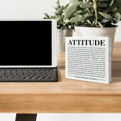 Home Office Desk Wooden Box Sign Decor, We Are in Charge of Our Attitudes, Inspirational Book Quotes Desk Decor Motivational Desk Decorations for Women Men Student Office Classroom School