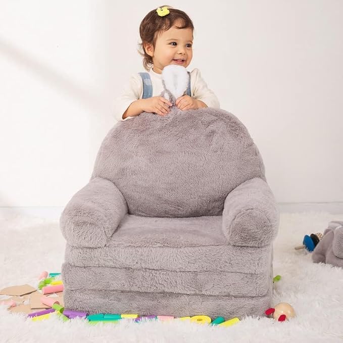Kids Couch Fold Out Soft Toddler Chairs,Toddler Armrest Chair Bed for Play,Gift for 0-3 Years,Grey Bunny