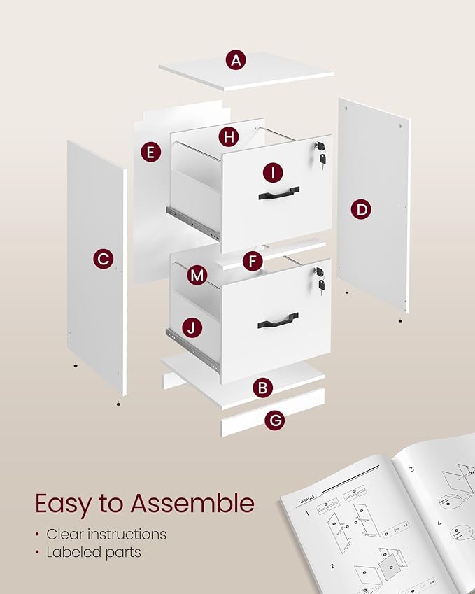 VASAGLE 2-Drawer Vertical File Cabinet, Filing Cabinet for Home Office, Printer Stand, with 2 Lockable Drawers, Adjustable Hanging Rail, for A4 and Letter-Size Files, Cloud White UOFC016W14