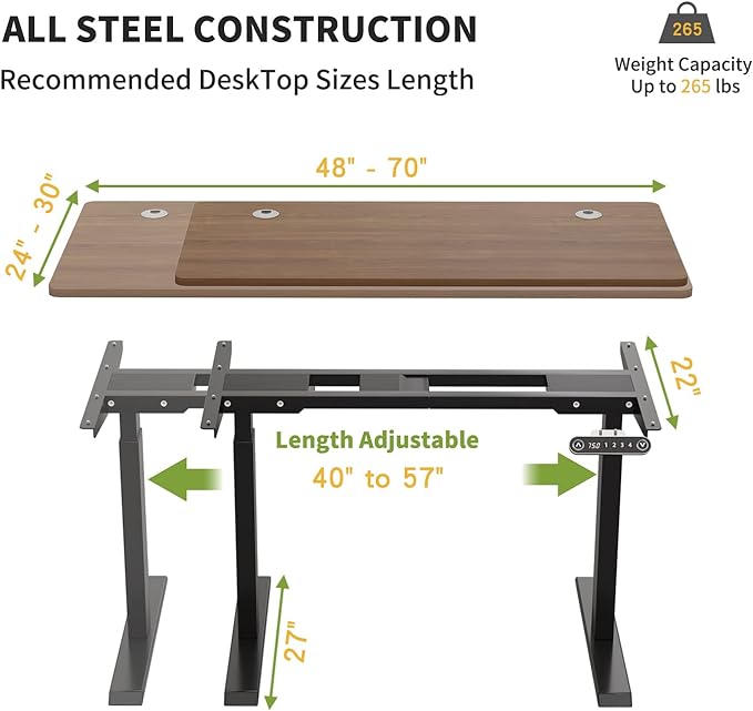 Radlove Dual Motor Height Adjustable Standing Desk Frame, Adjustable Desk Legs for 48'' to 70'' Desk Tops, Home Office Sit Stand Desk Base, Heavy Duty 265 lb Load Capacity for Home Office (Black)