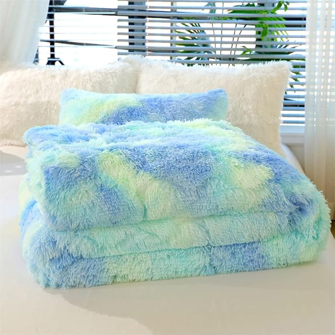 Faux Fur Kids Girls Green Rainbow Comforter Sets King - 3PC Bed Set Warm Comfortable Soft Plush Flannel Velvet Fluffy Fuzzy Bedding（Comforter x 1 Pillowcases x 2）