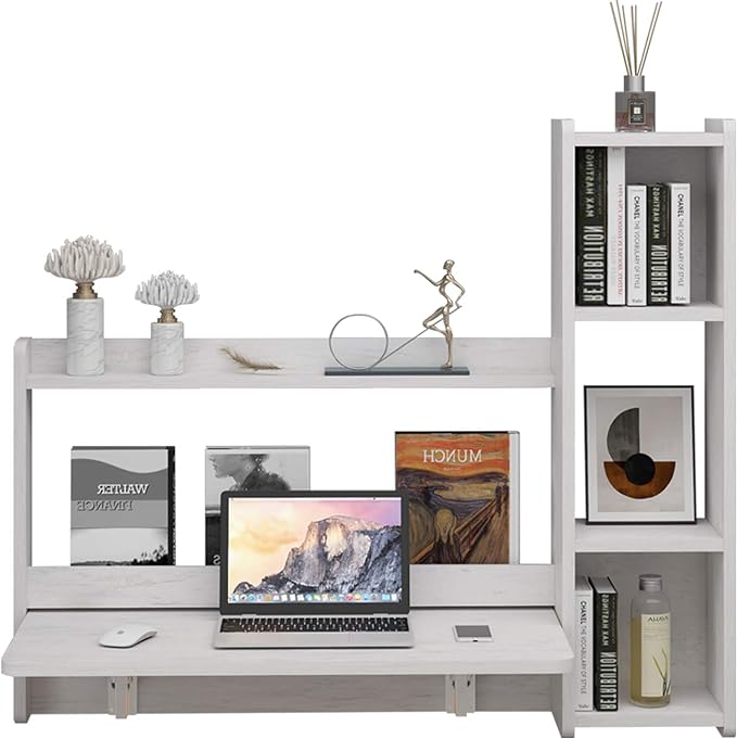Pmnianhua Floating Desk,41'' Wall Mounted Desk Fold Down Laptop Desk Folding Space Saving Table Workstation with Storage Shelves for Bedroom Study Room Small Space (Off White-Right)