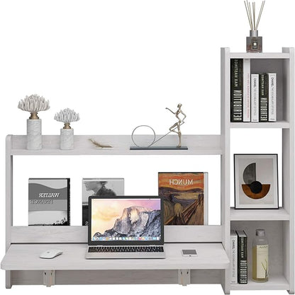 Pmnianhua Floating Desk,41'' Wall Mounted Desk Fold Down Laptop Desk Folding Space Saving Table Workstation with Storage Shelves for Bedroom Study Room Small Space (Off White-Right)