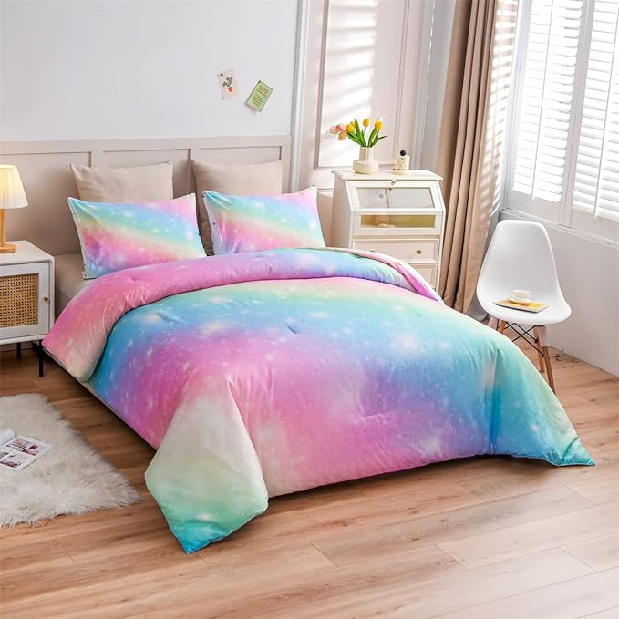 Holawakaka Girls Ombre Glitter Comforter Set, Full Size Gradient Rainbow Galaxy Print Kids Bedding Sets, Multi-color Ultra-soft Dorm Bed Set (Pink Green, Full)