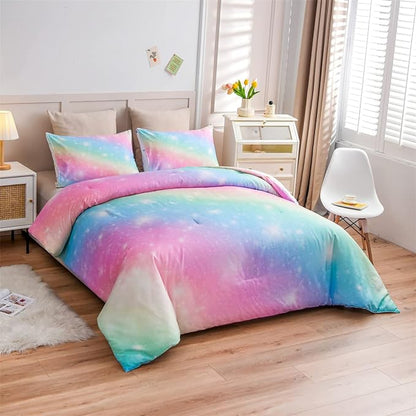 Holawakaka Girls Ombre Glitter Comforter Set, Full Size Gradient Rainbow Galaxy Print Kids Bedding Sets, Multi-color Ultra-soft Dorm Bed Set (Pink Green, Full)