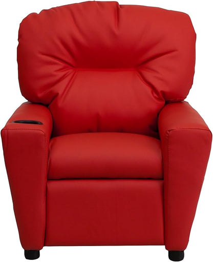 Flash Furniture Chandler Vinyl Kids Recliner with Cup Holder and Safety Recline, Contemporary Reclining Chair for Kids, Supports up to 90 lbs., Red