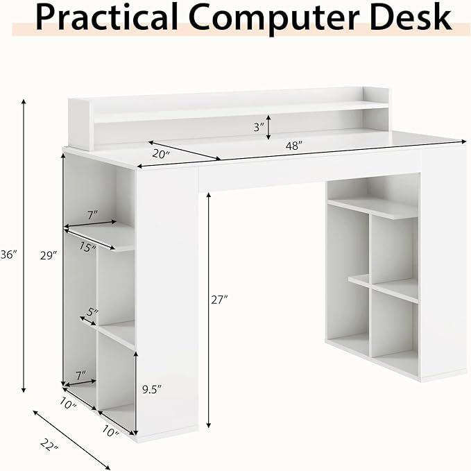 Computer Desk with Bookshelf, 48” Home Office Desk with 2 Open Shelves of 10 Cubbies, Monitor Shelf, Writing Desk Computer Workstation for Home, Office, Bedroom