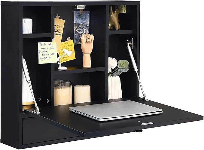 2 in 1 Foldable Tabletop, Folding Wall Mount Laptop Storage Compartments Space Saving Floating Desk, Black