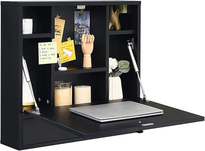 2 in 1 Foldable Tabletop, Folding Wall Mount Laptop Storage Compartments Space Saving Floating Desk, Black