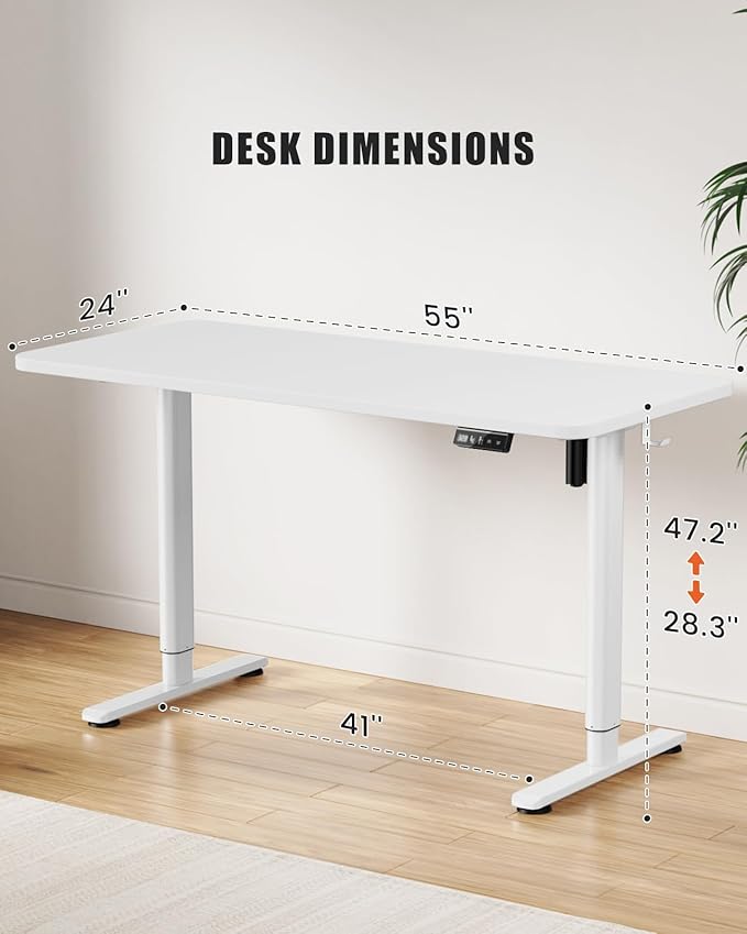 Electric Standing Desk Adjustable Height Stand Up Desk, 55" x 24" Sit Stand Desk, Low Noise Home Office Desk, Computer Desk with Splice Board, Child Lock & Memory Function, White