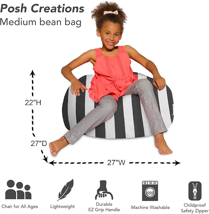 Posh Creations Bean Bag Chair for Kids, Teens, and Adults Includes Removable and Machine Washable Cover, Canvas Stripes Gray and White, 27in - Medium