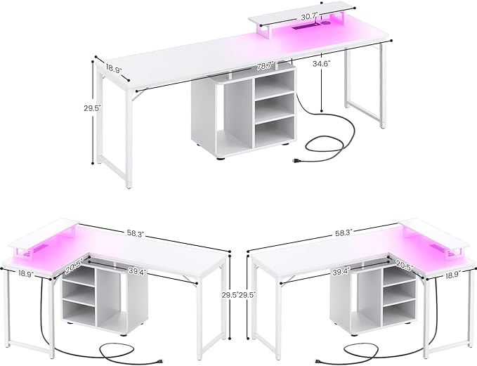 Cyclysio L Shaped Gaming Desk with Wood Cabinet, 58" Large Corner Desk with LED Lights & Power Outlet, Reversible Computer Desk with Monitor Stand, Home Office Desk 2 Person Corner Desk, White