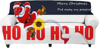 FKELYI Chrismtas Sofa Cover Slipcover Santa Claus Hohoho Design Stretch Sofa Couch Cover Durable Furniture Protector with Elastic Bottom-S