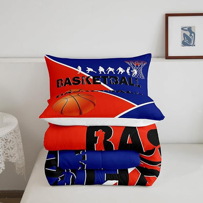Erosebridal Basketball Queen Bedding Sets For Boys Girls Basketball Player Comforter Set Sports Bedding Comforter Sets For Kids Teen Orange Blue Geometric Quilt Duvet 2 Pillow Cases Bedroom Dorm Decor