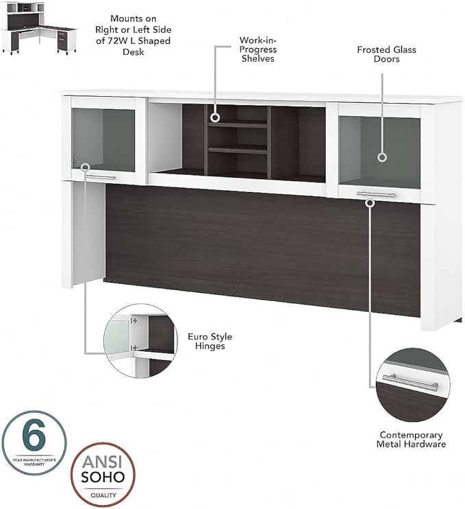 Bush Furniture Somerset 72W 3 Position Sit to Stand L Shaped Desk with Hutch in White and Storm Gray
