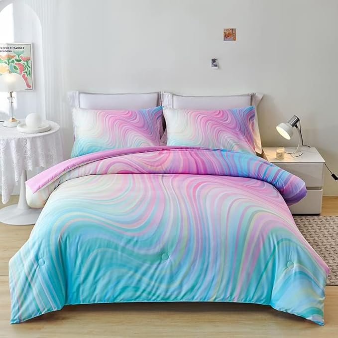 Girls Pink Comforter King,Pink Bedding Set for Girls,Tie Dye Comforter Set,Kids Comforter Set for Girls,Blue Pink Teen Comforter King with 2 Pink Pillowcases,Rainbow Comforter Set