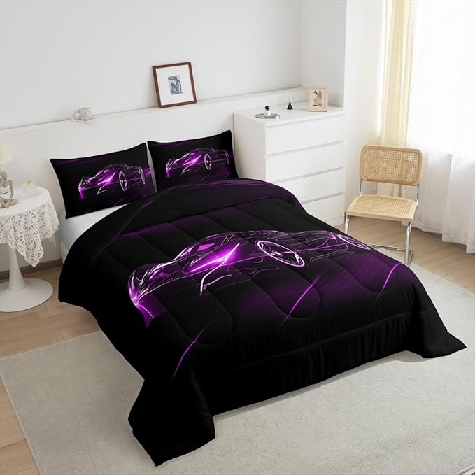 Feelyou Purple Race Car Bedding Set Queen Size for Kids Boys Extreme Sport Games Comforter Set Teens Toddler Fast and Furious Duvet Set Cool Modern Quilt Set 3Pcs