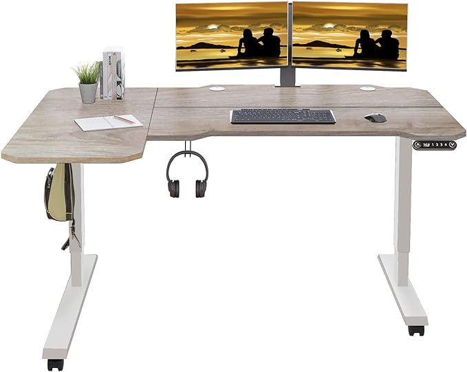 Adjustable Height L-Shaped 59 Inch Electric Standing Desk - Sit Stand Computer Desk, Stand Up Desk Table for Home Office, White Frame and Oak Top