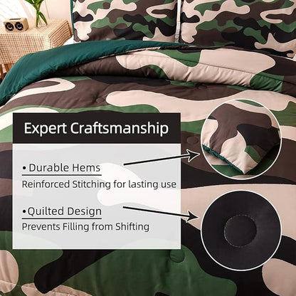 Meeting Story Army Green Camouflage Bedding Set, Camouflage Comforter Set, 3 PCS One Comforter and Two Pillowcases, All Season Soft Bedspread for Kids Teens Adults (Green, Queen)
