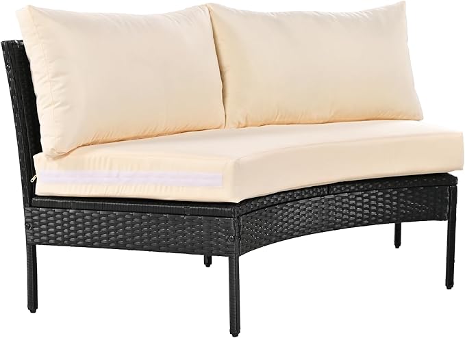 3-Piece Half Moon Patio Furniture Set with Cushions, All Weather Rattan Curved Outdoor Sofa Conversation Group Seatings for Balcony Front Porch Backyard Deck Lawn, Beige