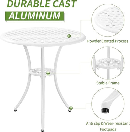 Patio Bistro Set 3 Piece with Umbrella Hole, Outdoor Bistro Table and Chairs Set of 2, Patio Bistro Set 3 Piece white, Cast Aluminum Furniture for Park Yard Front Porch