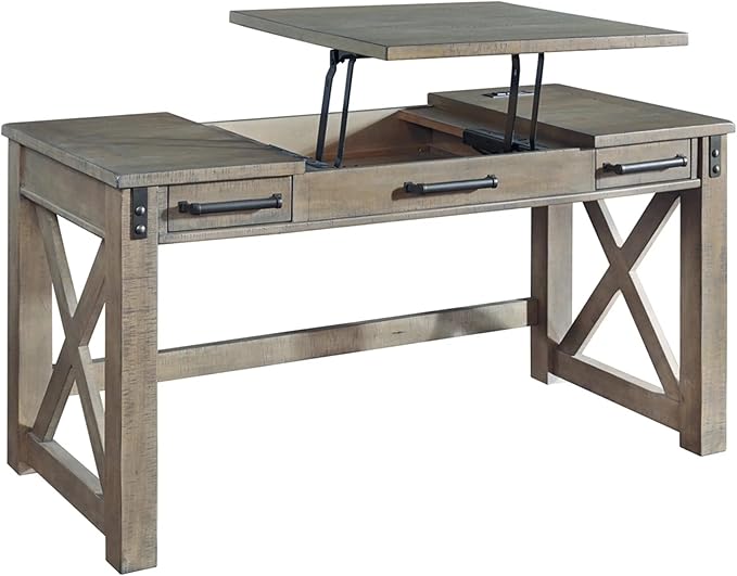 Signature Design by Ashley Aldwin Rustic Farmhouse 60" Home Office Lift Top Desk with Charging Ports, Distressed Gray