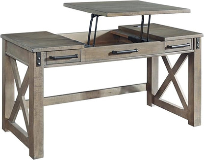 Signature Design by Ashley Aldwin Rustic Farmhouse 60" Home Office Lift Top Desk with Charging Ports, Distressed Gray