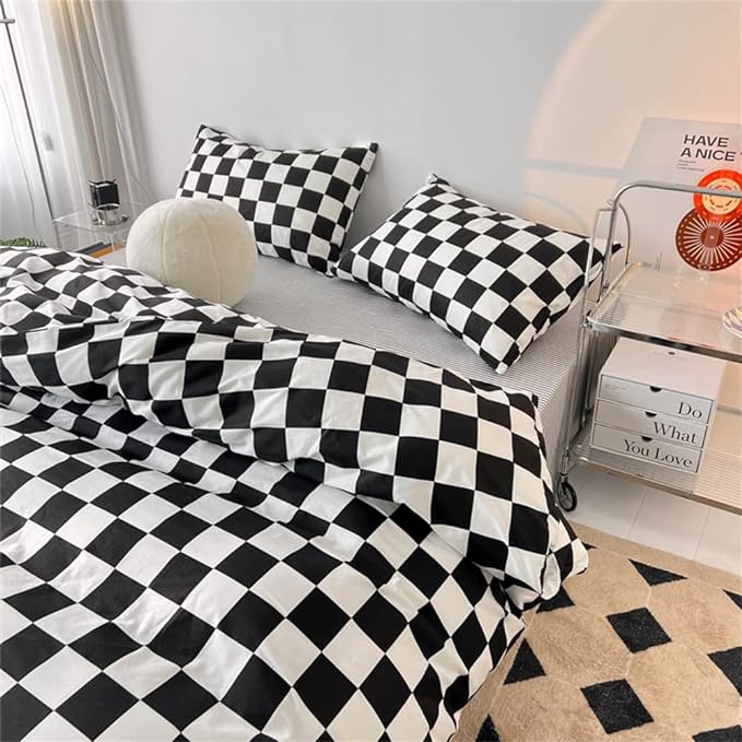 Wellboo Black White Plaid Comforter Sets King Women Men Black and White Checkerboard Grid Bedding Comforters Cotton Boys Girls Modern Black Checkered Geometric Quilts Luxury Abstract White Bedding