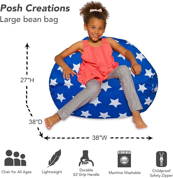 Posh Creations Bean Bag Chair for Kids, Teens, and Adults Includes Removable and Machine Washable Cover, 38in - Large, Canvas White Stars on Blue