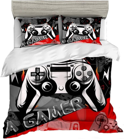 Sunnycitron Red Gamer Comforter Set for Boys Gaming Bedding Set Teens Game Room Decor Twin (1 Comforter + 2 Pillowcase)