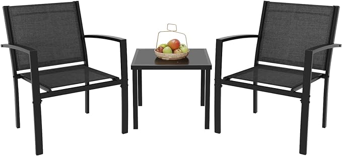 Greesum 3 Pieces Patio Furniture Set Outdoor Conversation Textilene Fabric Chairs for Lawn, Garden, Balcony, Poolside with A Glass Coffee Table, Black
