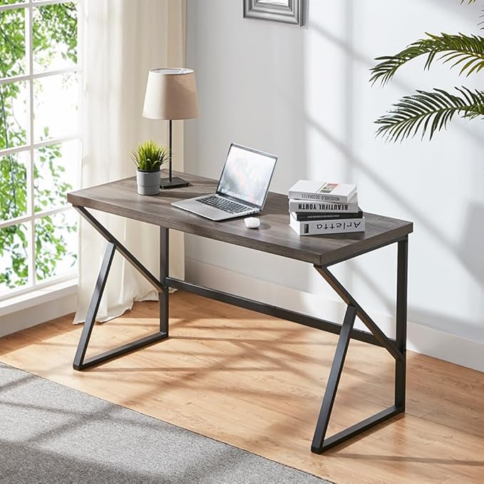 HSH Wood and Metal Home Office Computer Desk, Industrial Writing Study Table Workstation,Grey Laptop PC Desk, Wooden Computer Table, Gray Oak 47 Inch
