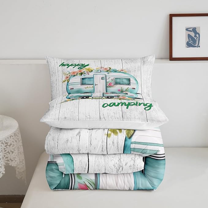 Girls Camper Bedding Set Camping Car Floral Comforter Set Full Rustic Farmhouse Theme Bedding Comforters Camping Decor Retro Chic Flower Quilted Comforter Old Barn Door Vintage Wooden Duvet Set