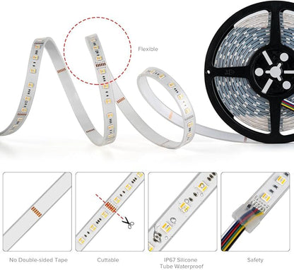 BTF-LIGHTING RGBCCT 5 Colors in 1 LED 5050SMD RGBWW RGB+Dimmable Tunable Color Temperature 2700K-6500K 16.4ft 60LEDs/m 300LEDs DC12V Multi-Colored Tape Lights IP67 White PCB(No Adapter or Controller)