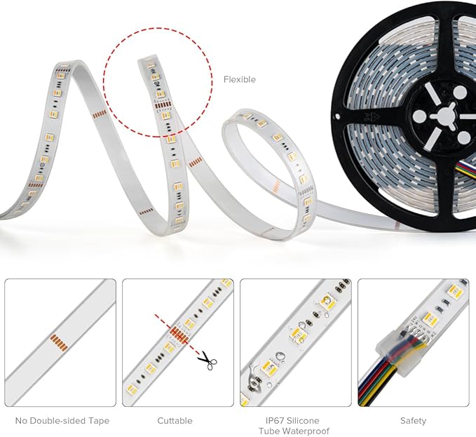 BTF-LIGHTING RGBCCT 5 Colors in 1 LED 5050SMD RGBWW RGB+Dimmable Tunable Color Temperature 2700K-6500K 16.4ft 60LEDs/m 300LEDs DC24V Multi-Colored Tape Lights IP67 White PCB(No Adapter or Controller)