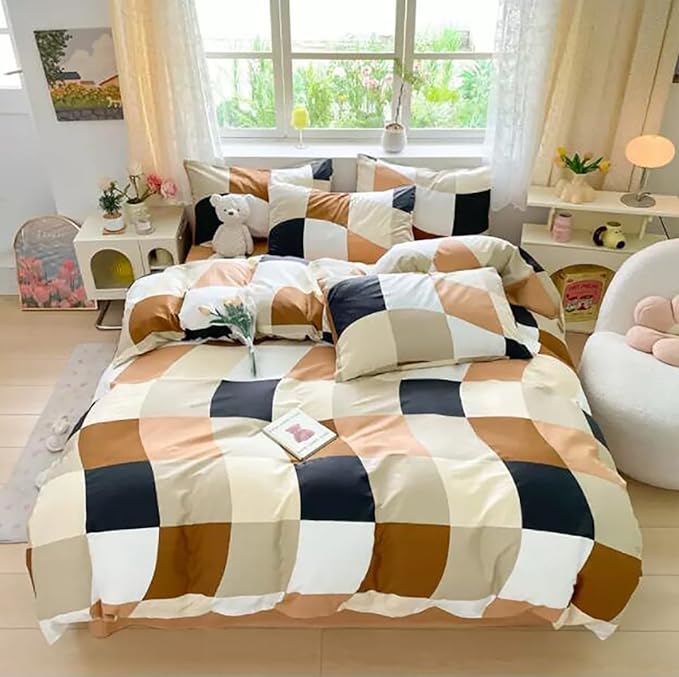 Checkerd Comforter Brown Twin Multicolored Grid Comforter Kids Khaki Checkered Bed Comforter White Black Plaid Buffalo Girls Twin Bedding Comforter All Season Hotel Quality Bed Set