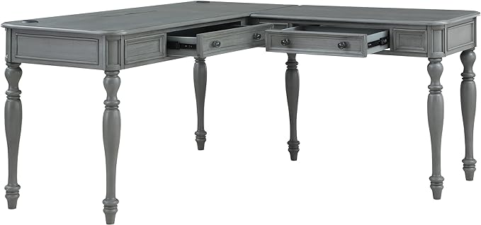 OSP Home Furnishings Country Meadows L-Shape Desk with 2 Full Drawers and Power Hub, Plantation Grey