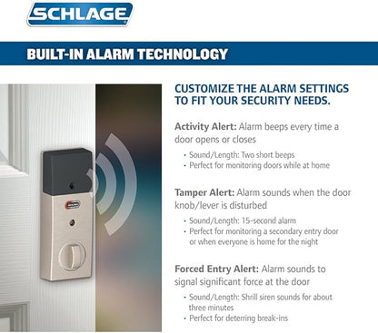 SCHLAGE Connect Century Touchscreen Deadbolt with Built-In Alarm and Handleset Grip with Latitude Lever, Satin Nickel, FE469NX LAT 619 CEN