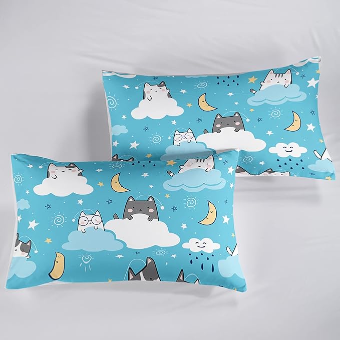Cat Comforter Queen Size,Blue Cloud Cats Comforter Set for Kids Teens Girls Boys,3Pcs Bedding Set Printed Comforter with 2 Pillowcases,Down Alternative,Soft and Lightweight，Queen Size