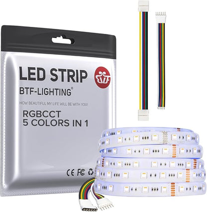 BTF-LIGHTING RGBCCT 5 Colors in 1 LED 5050SMD RGBWW RGB+Dimmable Tunable Color Temperature 2700K-6500K 16.4ft 60LEDs/m 300LEDs DC24V Multi-Colored Tape Lights IP65 White PCB(No Adapter or Controller)