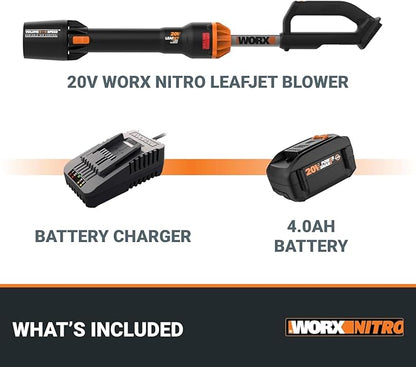 Worx Nitro WG543 20V LEAFJET Leaf Blower Cordless with Battery and Charger, Blowers for Lawn Care Only 3.8 Lbs., Cordless Leaf Blower Brushless Motor – Battery & Charger Included
