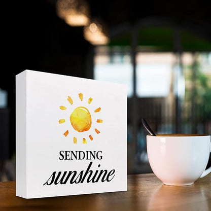 Sending Sunshine Wood Block Sign Desk Decor,Rustic Inspirational Wooden Box Plaque Sign Desk Decor for Home Office Shelf Table Decorations